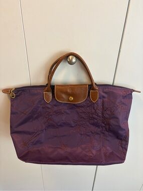 Longchamp Purple Nylon Tote with Brown Leather Trim